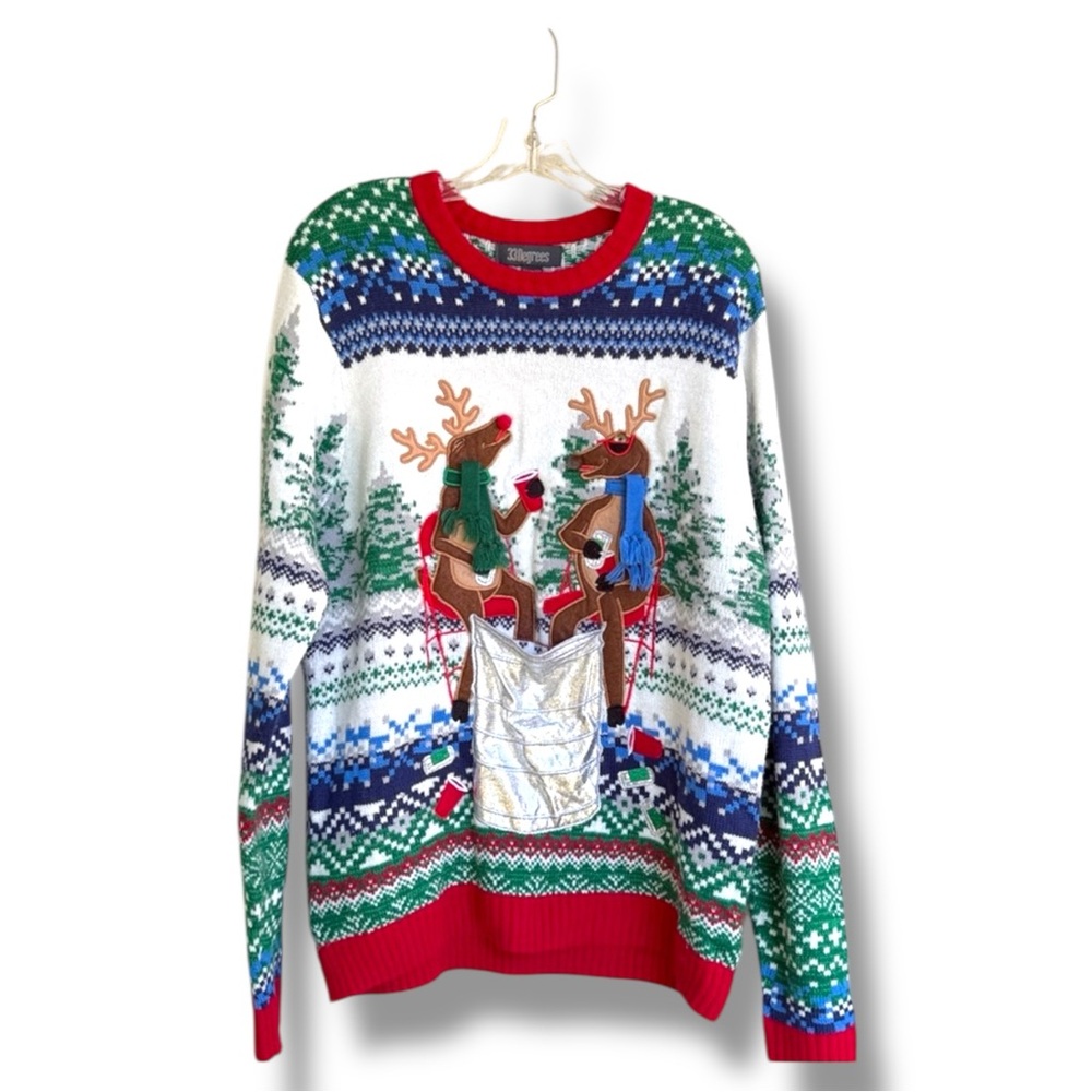 Drinking Reindeer Nordic Pullover Ugly Christmas Sweater Unisex Size Medium